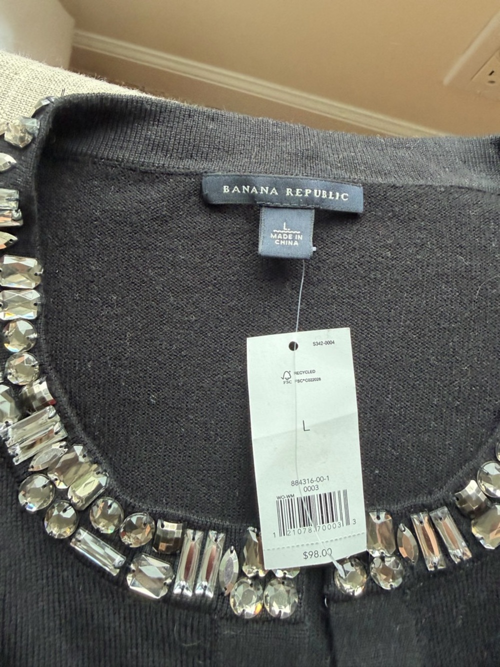Banana Republic Black Sweater with Clear Crystal Neckline